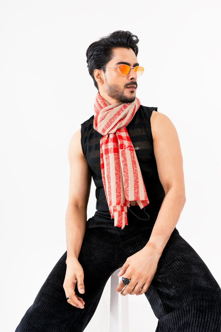Pashtush India Mens Scarves Stoles and Mufflers Pashtush Mens Extra Fine Wool Stole, Check Stripe Design, Maroon
