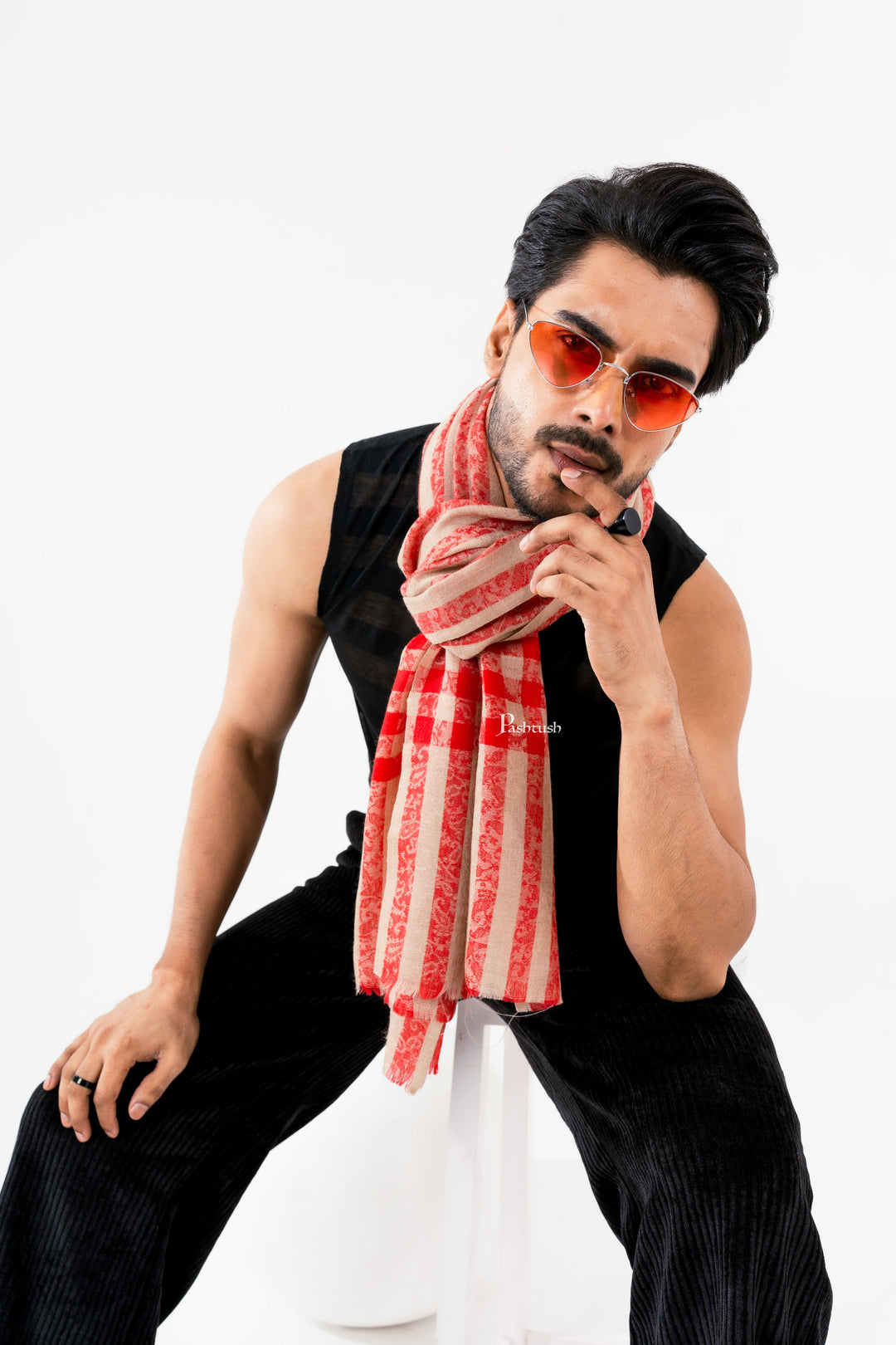 Pashtush India Mens Scarves Stoles and Mufflers Pashtush Mens Extra Fine Wool Stole, Check Stripe Design, Maroon