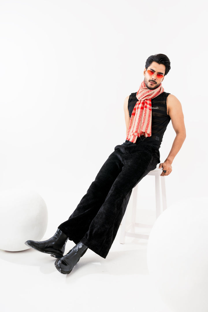 Pashtush India Mens Scarves Stoles and Mufflers Pashtush Mens Extra Fine Wool Stole, Check Stripe Design, Maroon