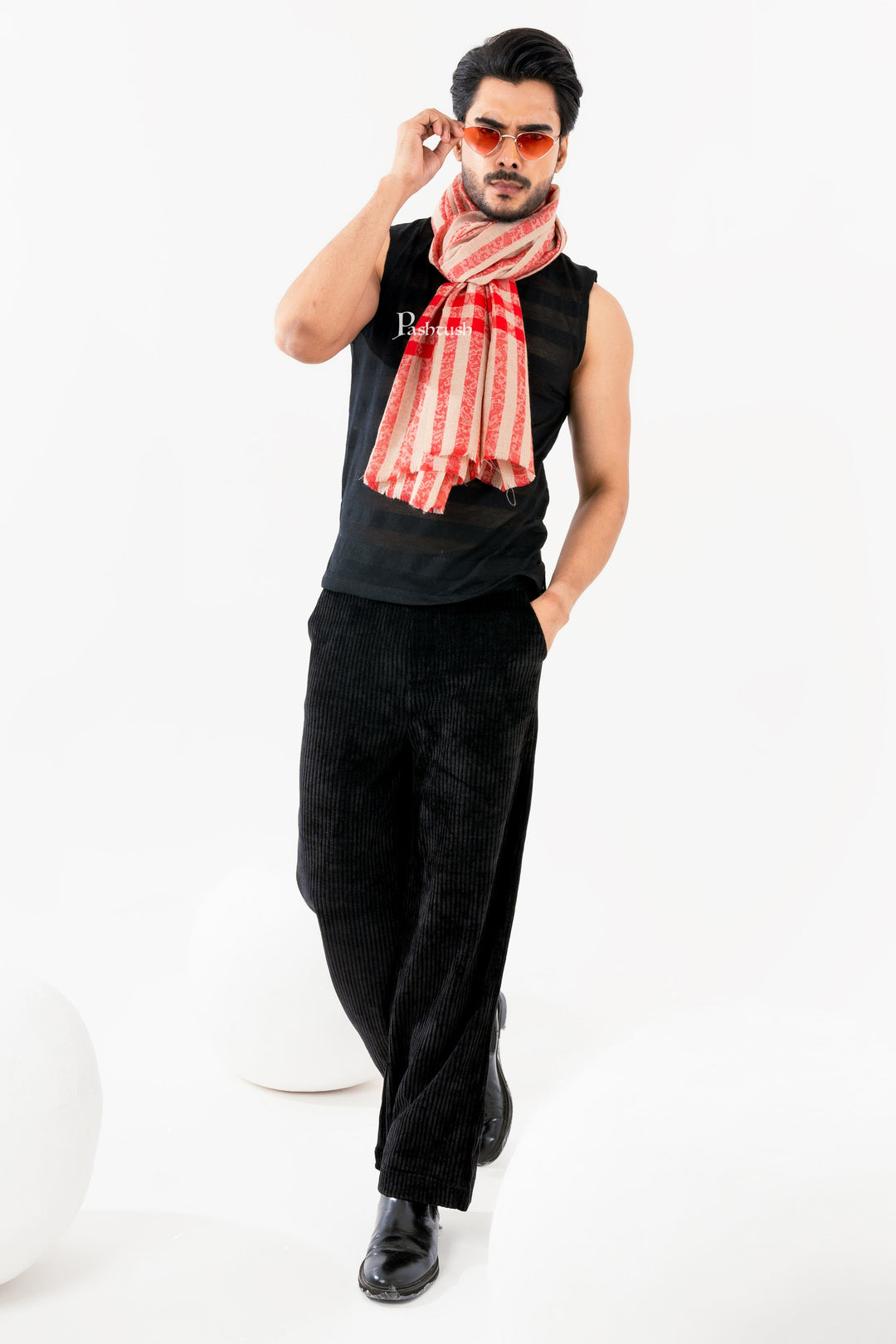 Pashtush India Mens Scarves Stoles and Mufflers Pashtush Mens Extra Fine Wool Stole, Check Stripe Design, Maroon