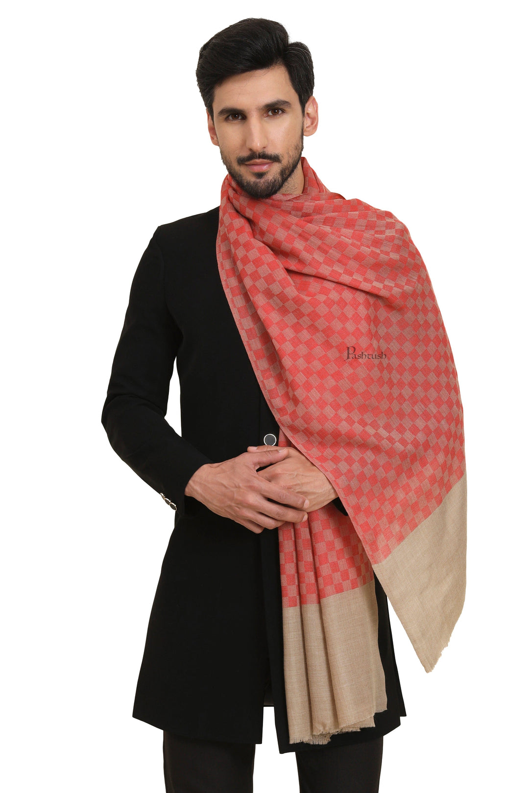 Pashtush India Mens Scarves Stoles and Mufflers Pashtush Mens Extra Fine Wool Stole, Checkered Design, Red