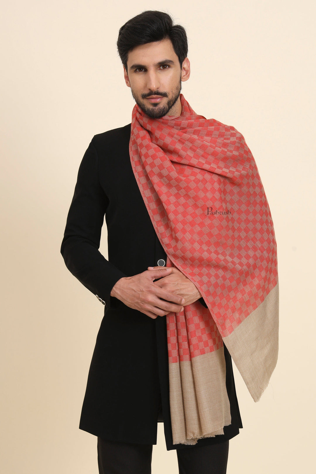 Pashtush India Mens Scarves Stoles and Mufflers Pashtush Mens Extra Fine Wool Stole, Checkered Design, Red