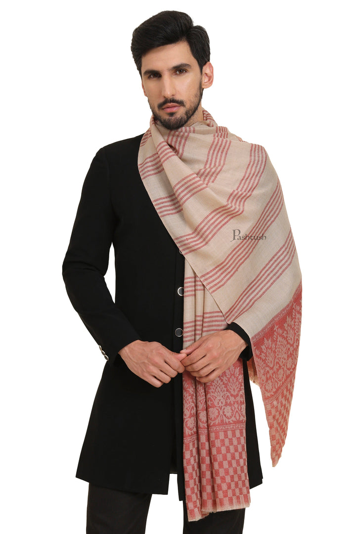 Pashtush India Mens Scarves Stoles and Mufflers Pashtush Mens Extra Fine Wool Stole, Checkered Palla With Striped Design, Beige And Maroon