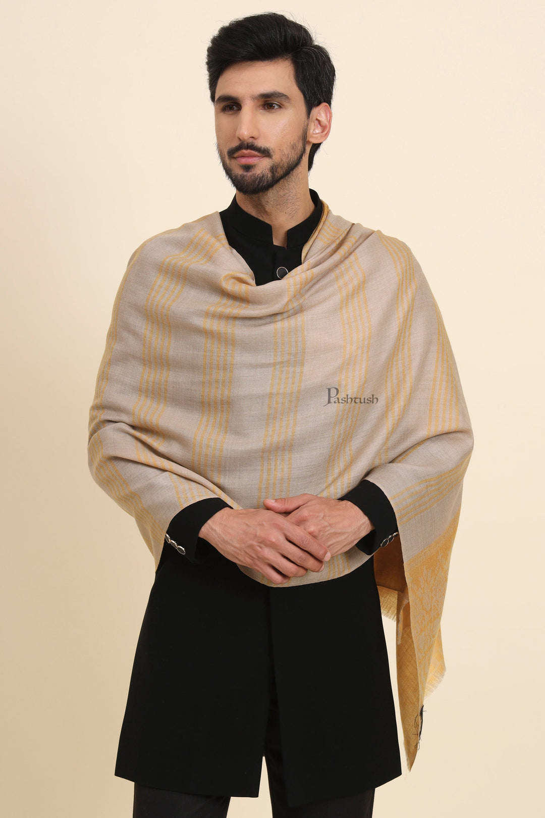 Pashtush India Mens Scarves Stoles and Mufflers Pashtush Mens Extra Fine Wool Stole, Checkered Palla With Striped Design, Mustard