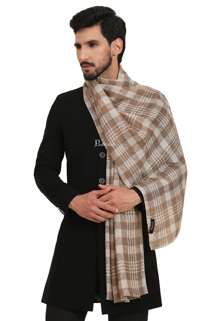 Pashtush India Mens Scarves Stoles and Mufflers Pashtush Mens Extra Fine Wool Stole, Checkered Weave Design, Beige