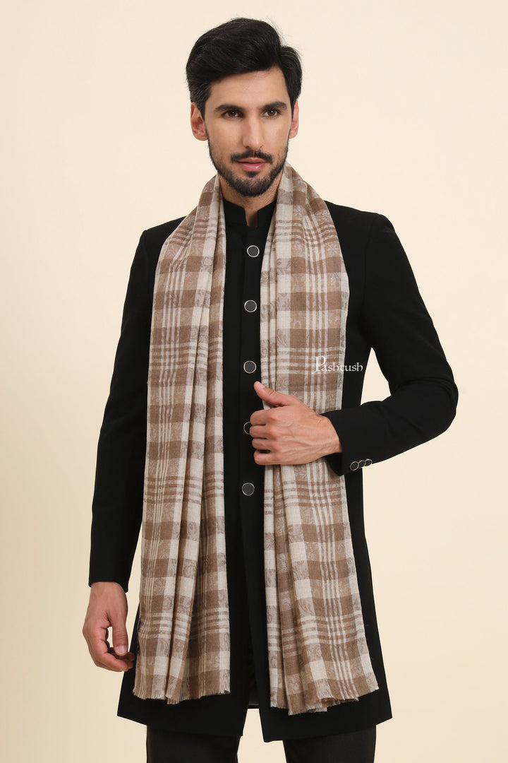 Pashtush India Mens Scarves Stoles and Mufflers Pashtush Mens Extra Fine Wool Stole, Checkered Weave Design, Beige