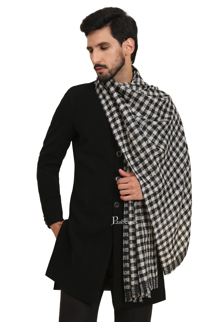 Pashtush India Mens Scarves Stoles and Mufflers Pashtush Mens Extra Fine Wool Stole, Checkered Weave Design, Black