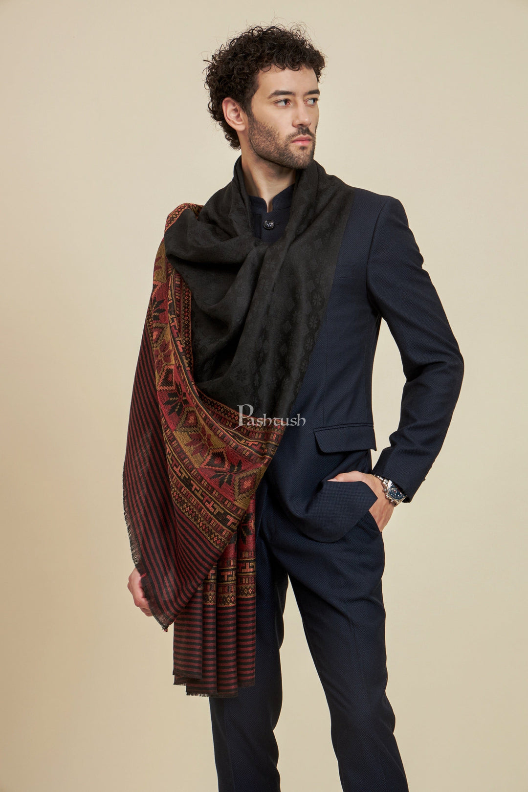 Pashtush India Mens Scarves Stoles and Mufflers Pashtush Mens Extra Fine Wool Stole,  Design, Black