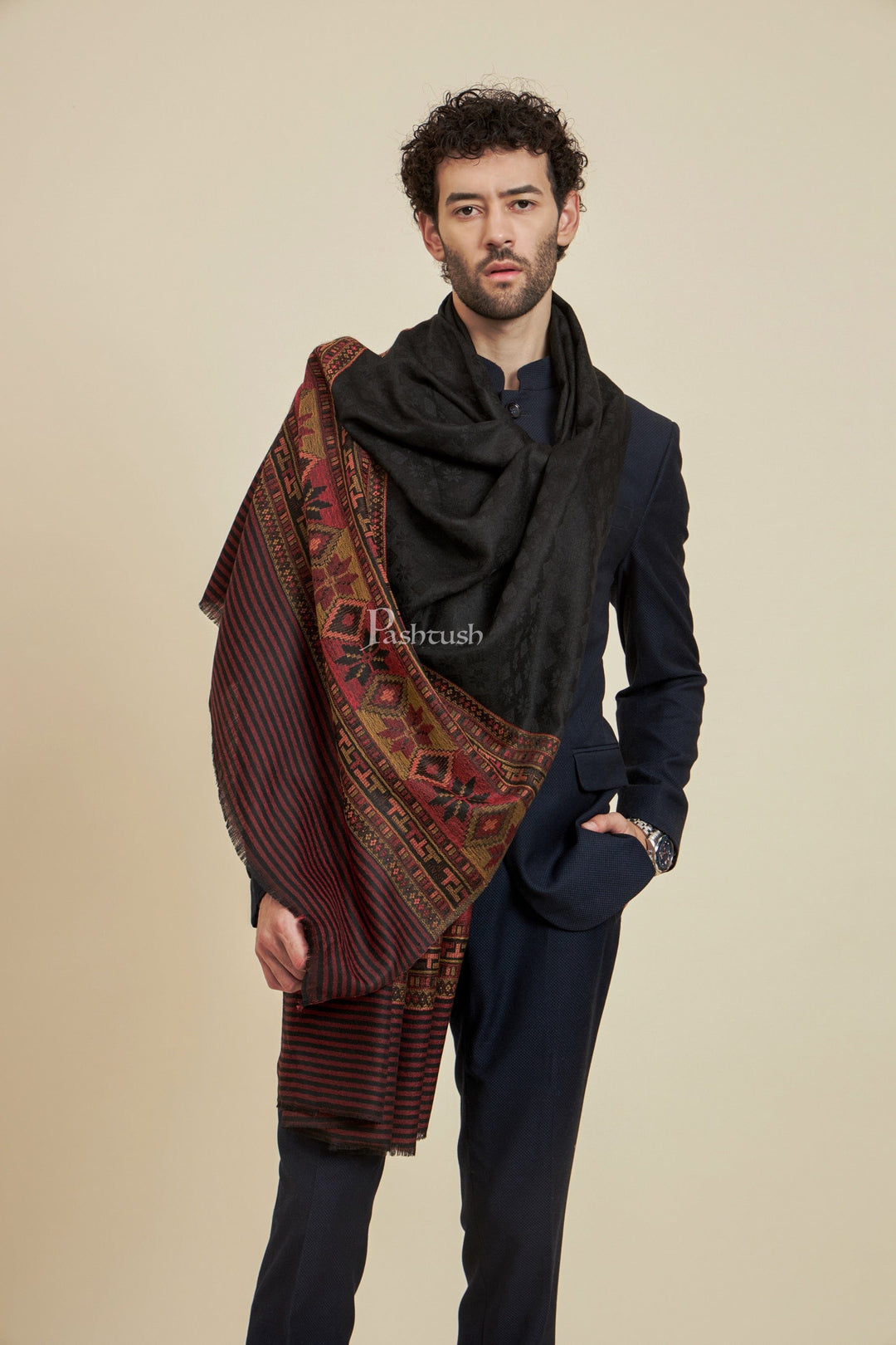 Pashtush India Mens Scarves Stoles and Mufflers Pashtush Mens Extra Fine Wool Stole,  Design, Black