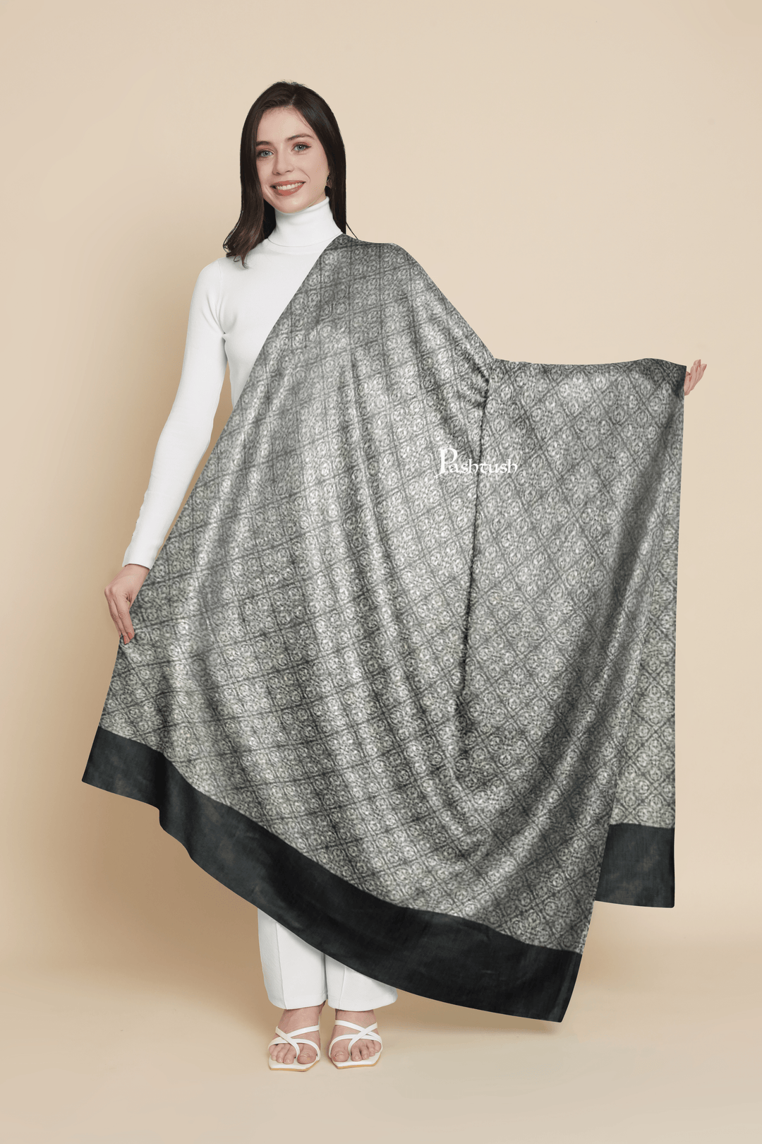 Pashtush India Womens Shawls Pashtush Mens Extra Fine Wool Stole, Design, Black And Grey