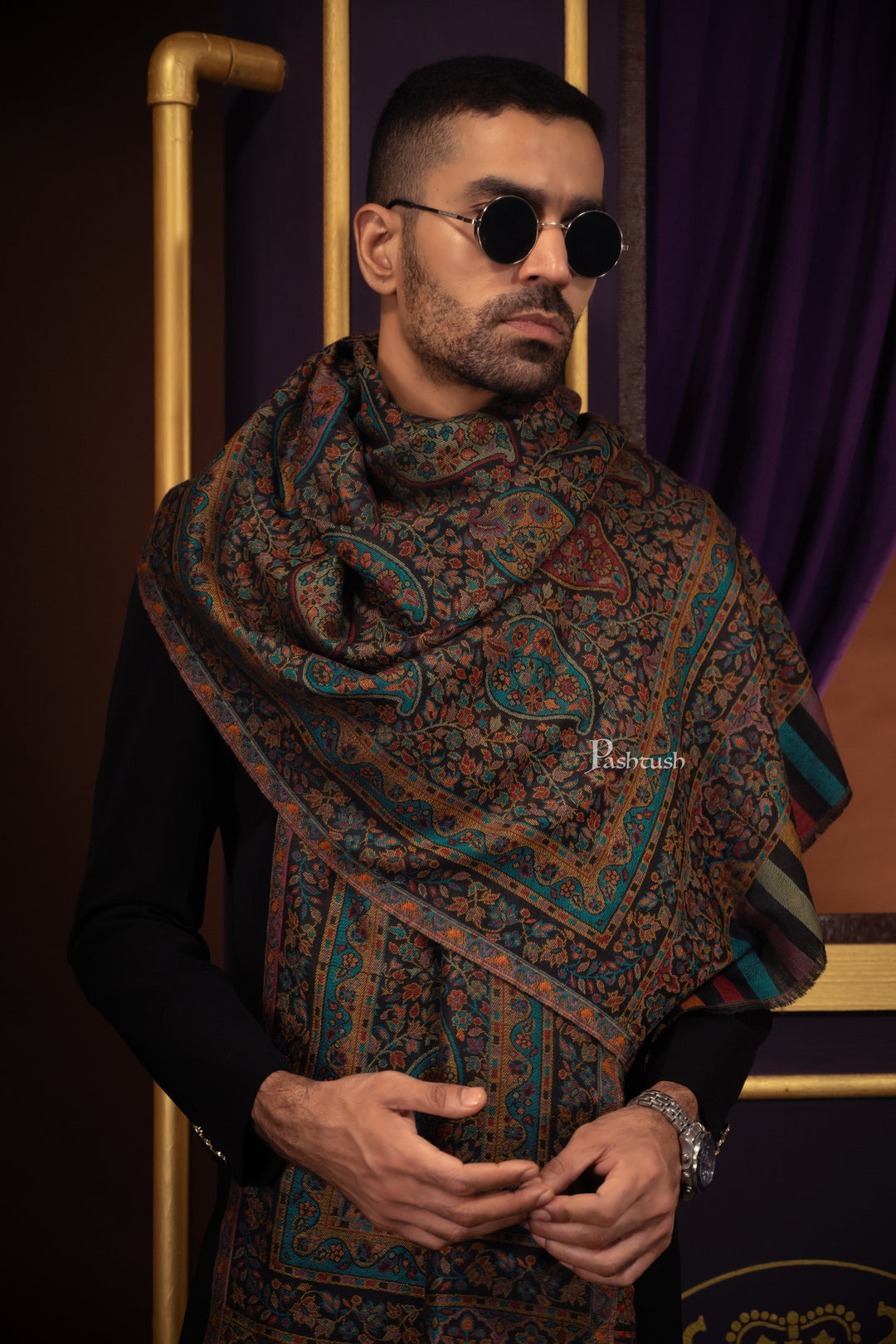 Pashtush India Mens Scarves Stoles and Mufflers Pashtush Mens Extra Fine Wool Stole, Ethnic Weave Design, Black