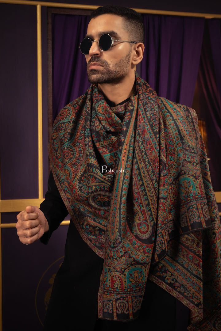 Pashtush India Mens Scarves Stoles and Mufflers Pashtush Mens Extra Fine Wool Stole, Ethnic Weave Design, Black