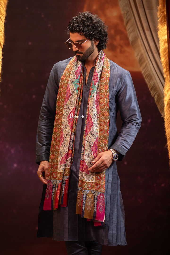 Pashtush India Mens Scarves Stoles and Mufflers Pashtush Mens Extra Fine Wool Stole, Kalamkari Embroidery Design, Multicolour