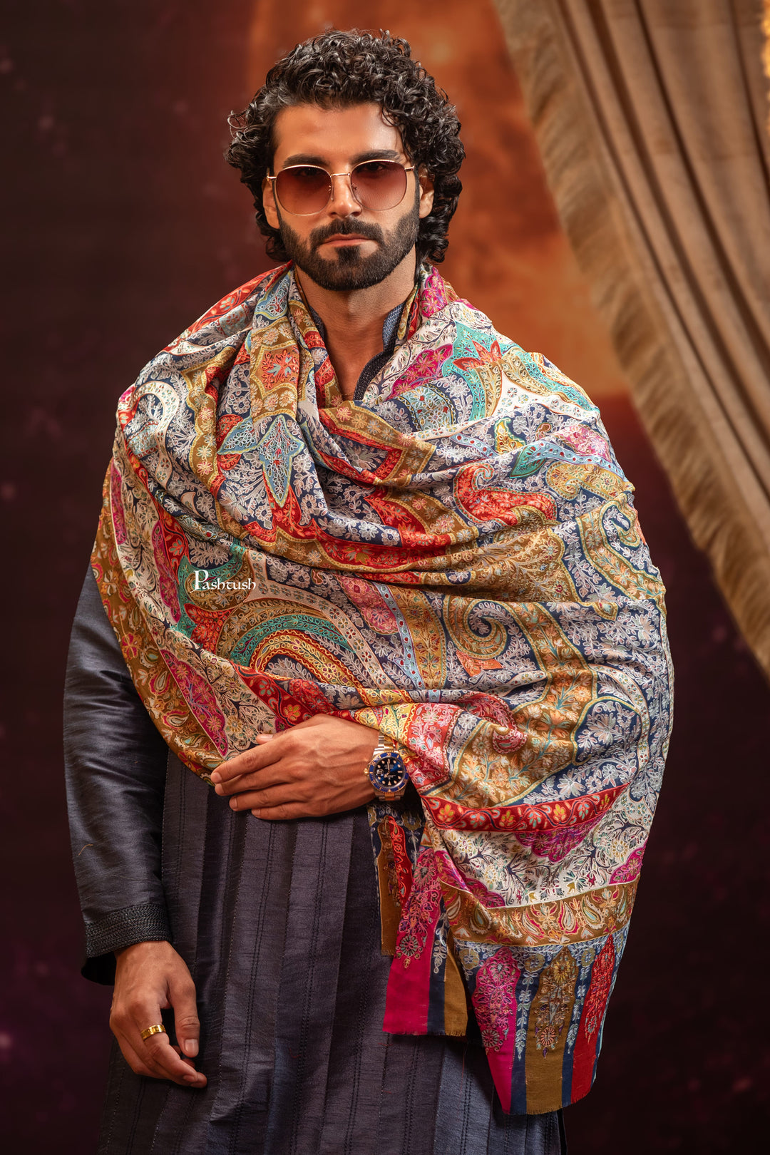 Pashtush India Mens Scarves Stoles and Mufflers Pashtush Mens Extra Fine Wool Stole, Kalamkari Embroidery Design, Multicolour