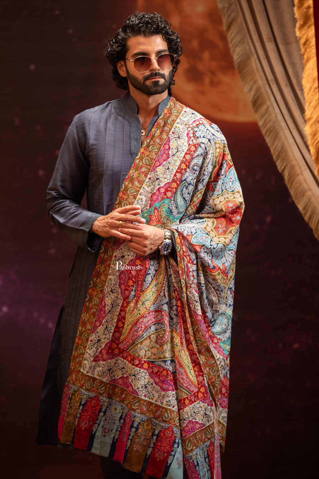 Pashtush India Mens Scarves Stoles and Mufflers Pashtush Mens Extra Fine Wool Stole, Kalamkari Embroidery Design, Multicolour