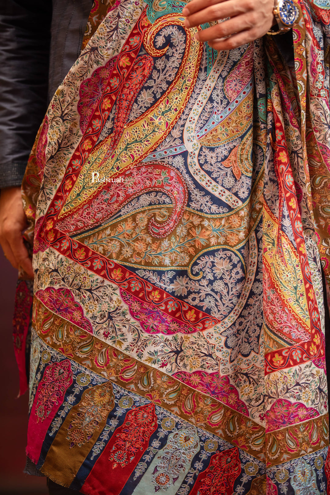 Pashtush India Mens Scarves Stoles and Mufflers Pashtush Mens Extra Fine Wool Stole, Kalamkari Embroidery Design, Multicolour