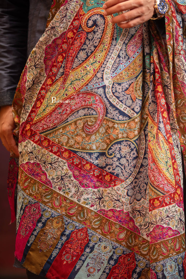 Pashtush India Mens Scarves Stoles and Mufflers Pashtush Mens Extra Fine Wool Stole, Kalamkari Embroidery Design, Multicolour