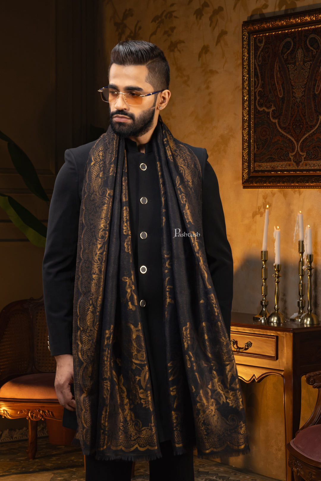 Pashtush India Mens Scarves Stoles and Mufflers Pashtush Mens Extra Fine Wool Stole, Paisley Design, Black