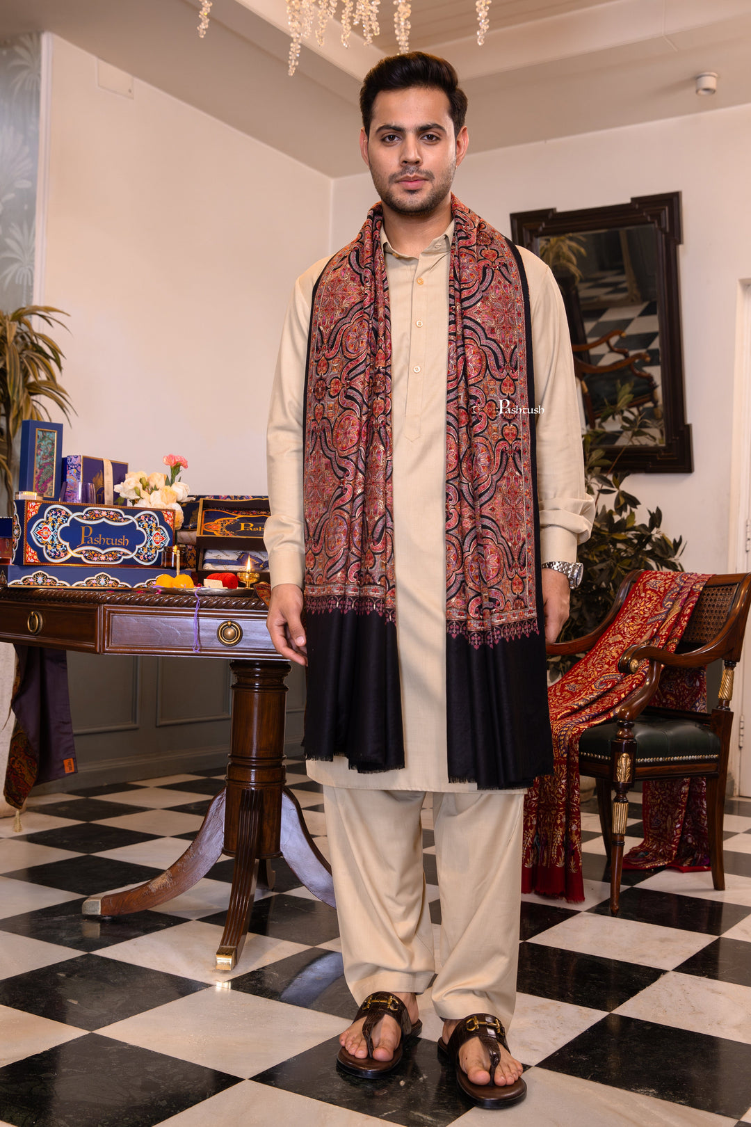 Pashtush India Mens Shawls Gents Shawl Pashtush Mens Extra Fine Wool Stole, Papier Mache Design, Black