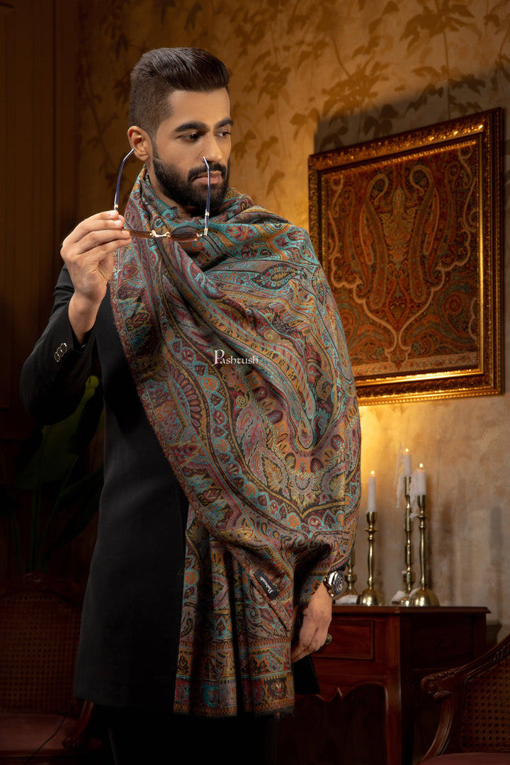 Pashtush India Mens Scarves Stoles and Mufflers Pashtush Mens Extra Fine Wool Stole, Pasiley Design, Multicolour