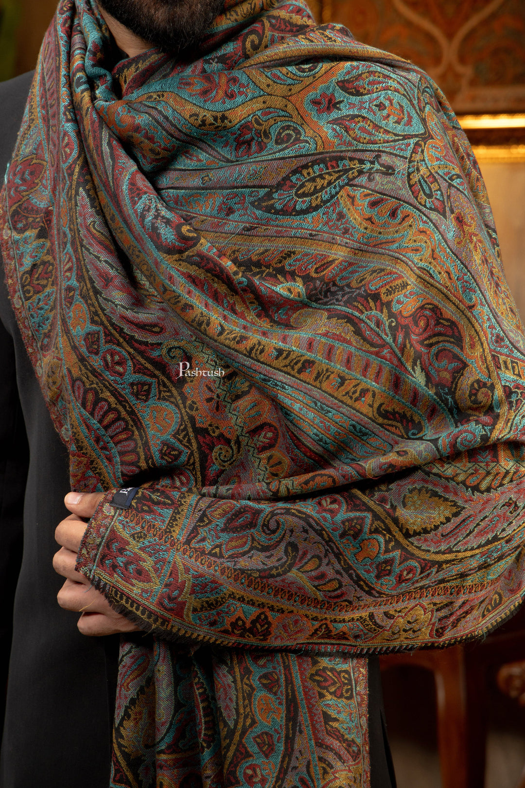Pashtush India Mens Scarves Stoles and Mufflers Pashtush Mens Extra Fine Wool Stole, Pasiley Design, Multicolour
