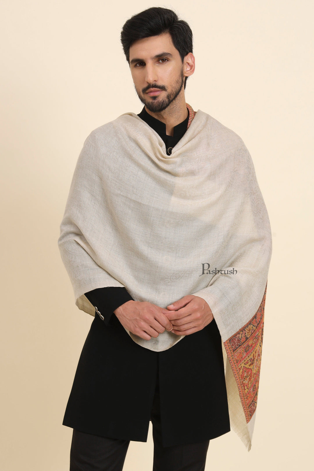 Pashtush India Mens Scarves Stoles and Mufflers Pashtush Mens Extra Fine Wool Stole, Pasiley Palla Design, Beige