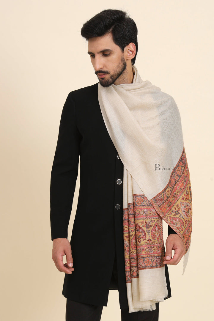 Pashtush India Mens Scarves Stoles and Mufflers Pashtush Mens Extra Fine Wool Stole, Pasiley Palla Design, Beige