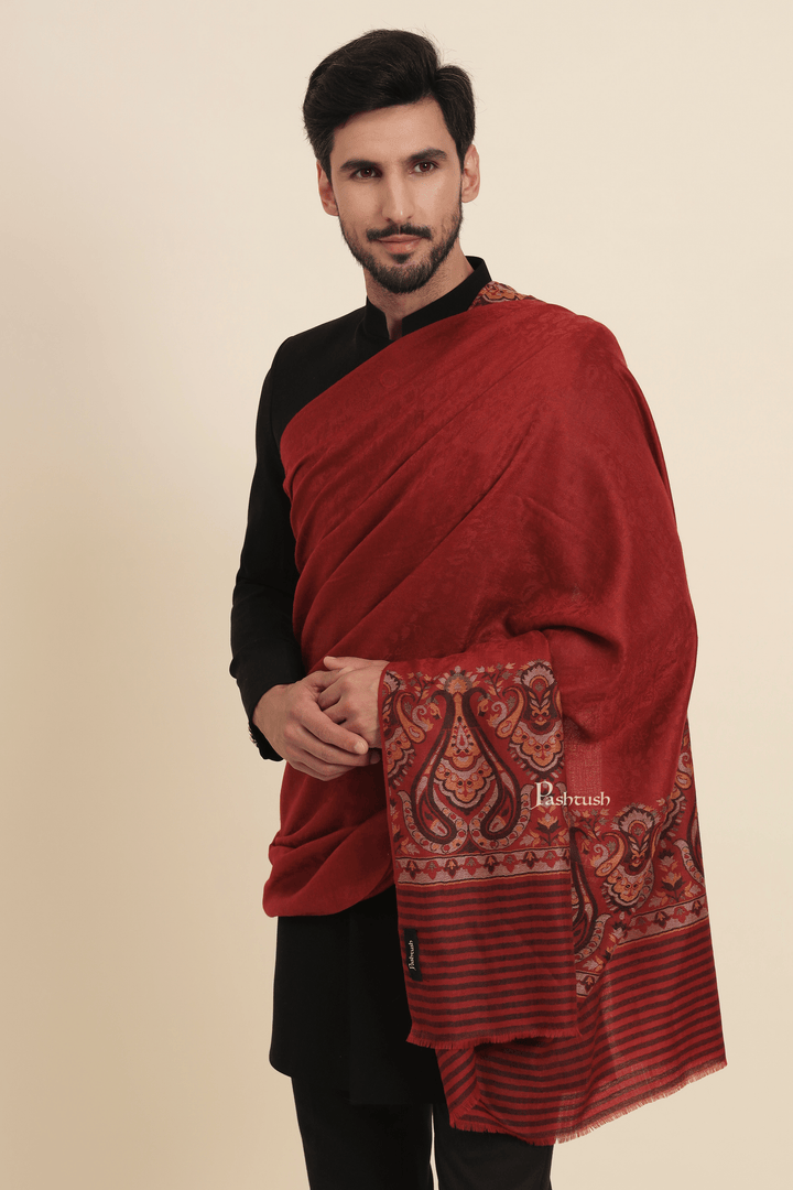 Pashtush India Mens Scarves Stoles and Mufflers Pashtush Mens Extra Fine Wool Stole, Pasiley Weave Design, Maroon