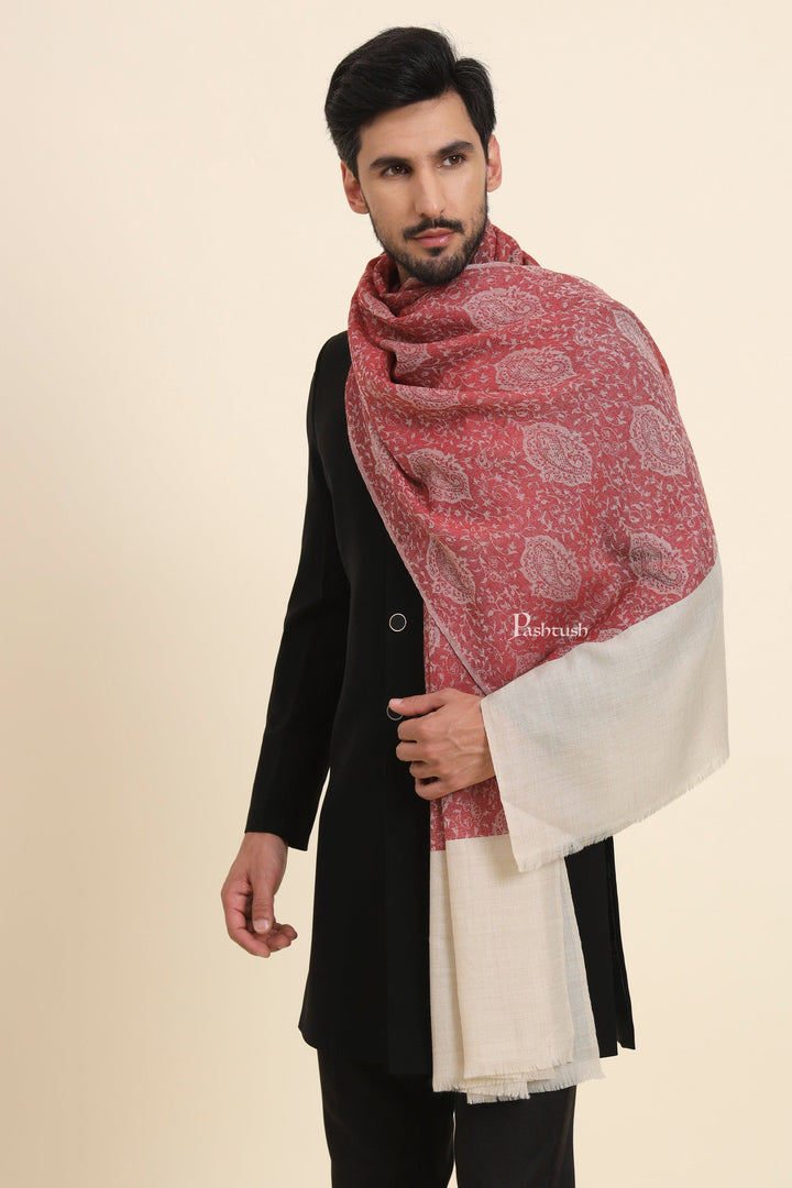 Pashtush India Mens Scarves Stoles and Mufflers Pashtush Mens Extra Fine Wool Stole, Self Jacquard Paisley Design, Maroon