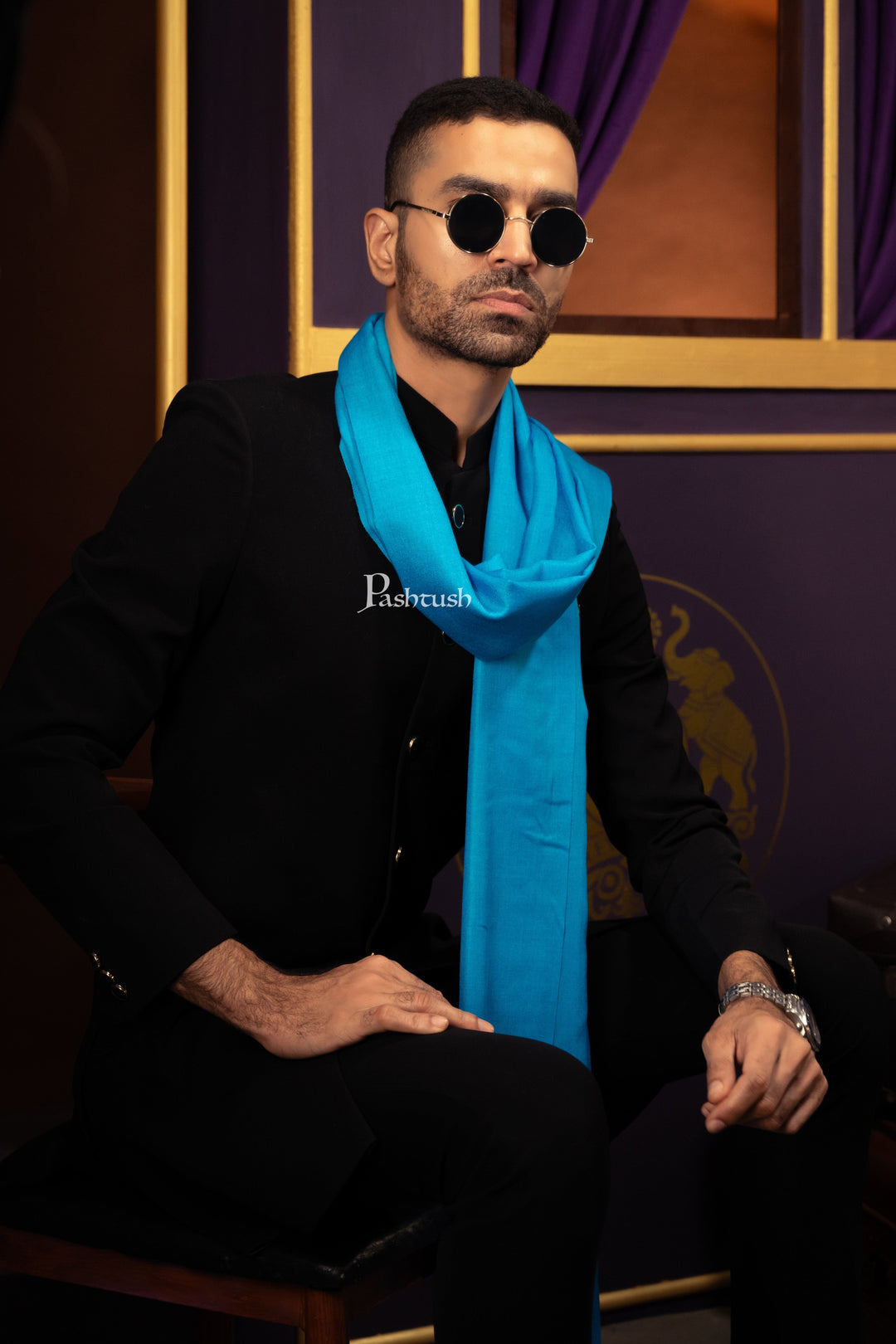 Pashtush India Mens Scarves Stoles and Mufflers Pashtush Mens Extra Fine Wool Stole, Solid Design, Arabic Sea Blue