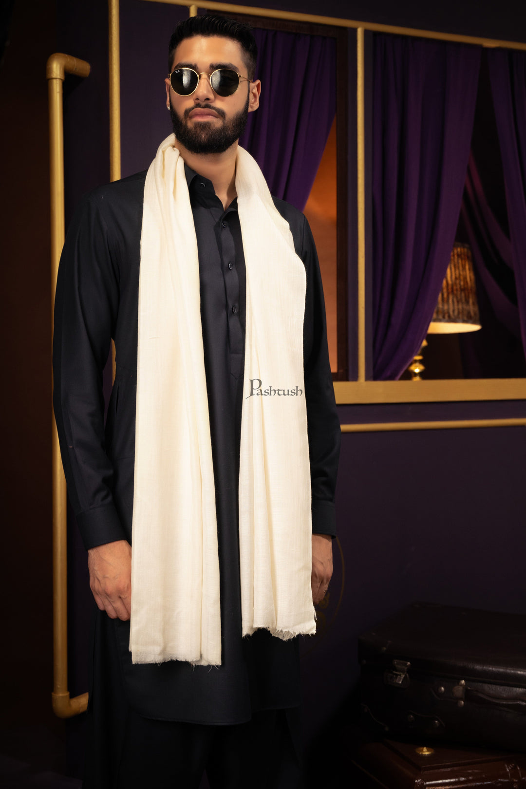 Pashtush India Mens Scarves Stoles and Mufflers Pashtush Mens Extra Fine Wool Stole, Solid Design, Beige