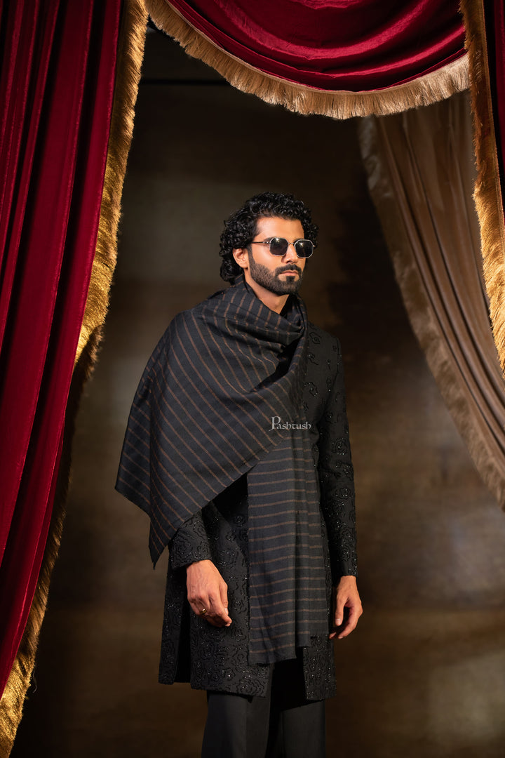 Pashtush India Mens Scarves Stoles and Mufflers Pashtush Mens Extra Fine Wool Stole, Stripe Design, Black