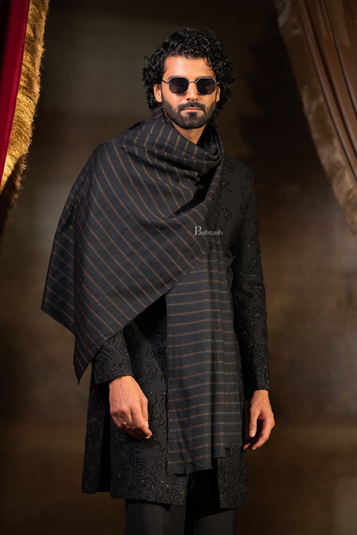 Pashtush India Mens Scarves Stoles and Mufflers Pashtush Mens Extra Fine Wool Stole, Stripe Design, Black