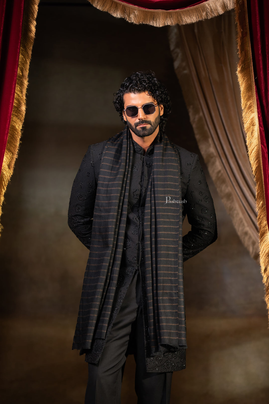 Pashtush India Mens Scarves Stoles and Mufflers Pashtush Mens Extra Fine Wool Stole, Stripe Design, Black