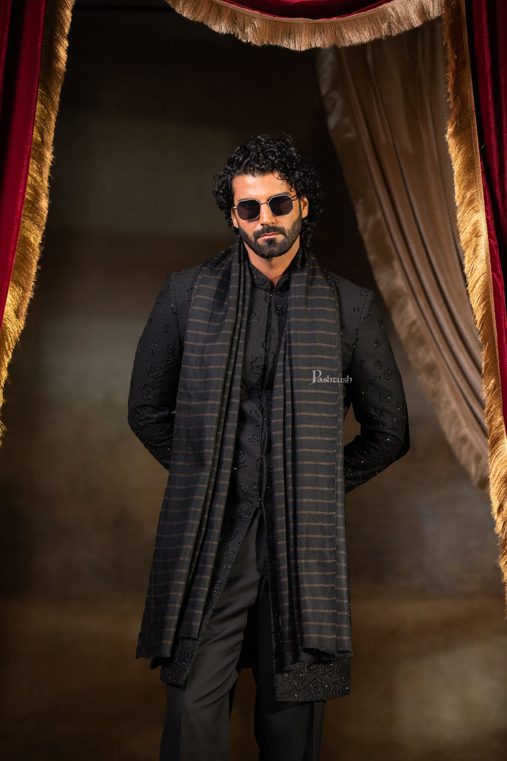 Pashtush India Mens Scarves Stoles and Mufflers Pashtush Mens Extra Fine Wool Stole, Stripe Design, Black