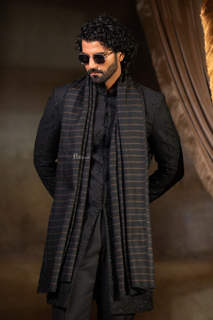 Pashtush India Mens Scarves Stoles and Mufflers Pashtush Mens Extra Fine Wool Stole, Stripe Design, Black