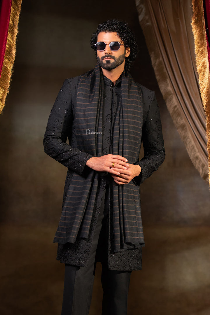 Pashtush India Mens Scarves Stoles and Mufflers Pashtush Mens Extra Fine Wool Stole, Stripe Design, Black