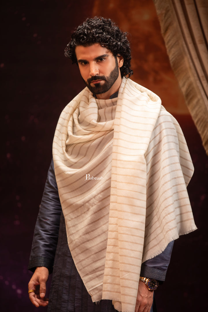 Pashtush India Mens Scarves Stoles and Mufflers Pashtush Mens Extra Fine Wool Stole, Stripe Design, Ivory