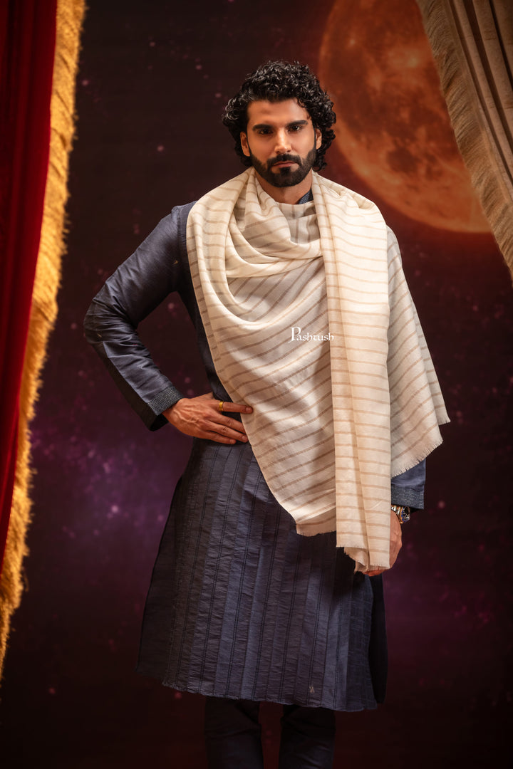 Pashtush India Mens Scarves Stoles and Mufflers Pashtush Mens Extra Fine Wool Stole, Stripe Design, Ivory