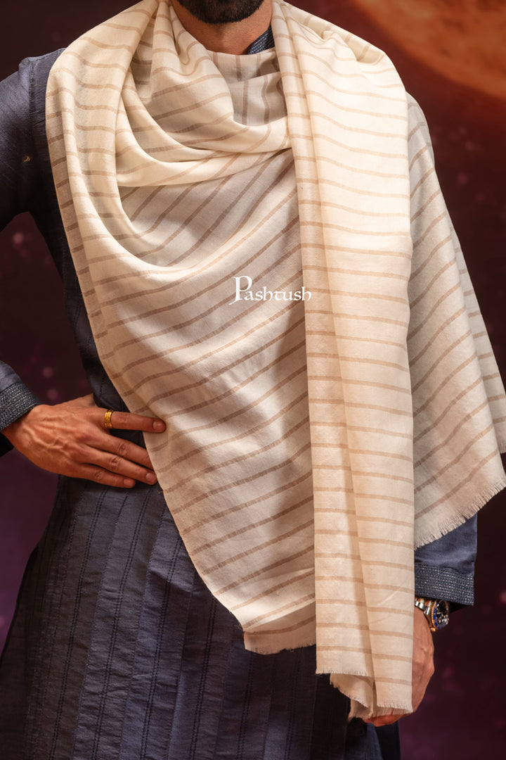 Pashtush India Mens Scarves Stoles and Mufflers Pashtush Mens Extra Fine Wool Stole, Stripe Design, Ivory