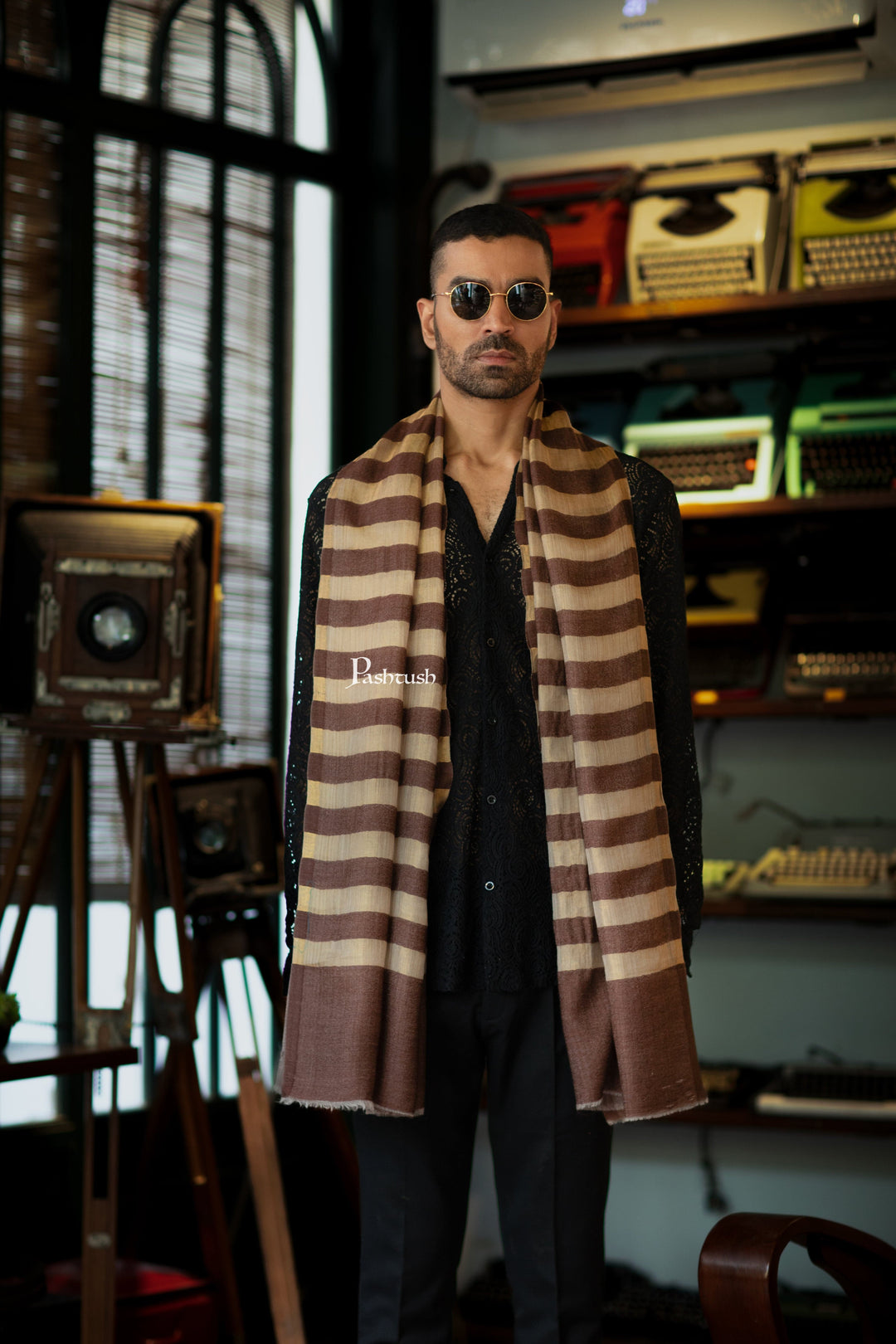 Pashtush India Mens Scarves Stoles and Mufflers Pashtush Mens Extra Fine Wool  Stole, Twilght Collection Stripe Design, Dark Brown