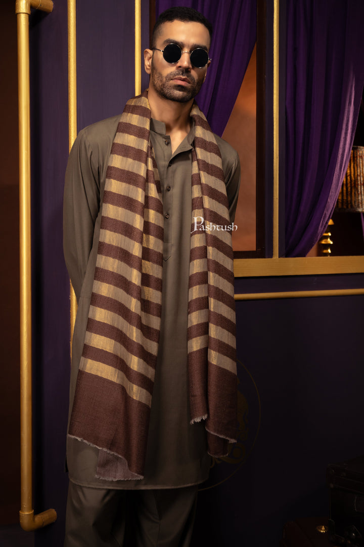 Pashtush India Mens Scarves Stoles and Mufflers Pashtush Mens Extra Fine Wool  Stole, Twilght Collection Stripe Design, Dark Brown