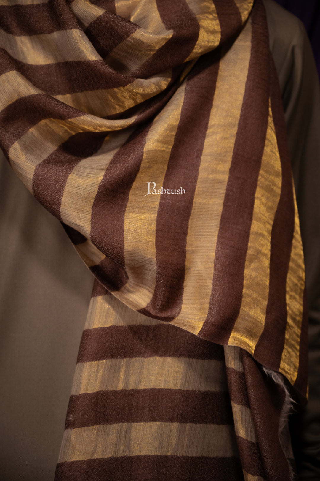 Pashtush India Mens Scarves Stoles and Mufflers Pashtush Mens Extra Fine Wool  Stole, Twilght Collection Stripe Design, Dark Brown