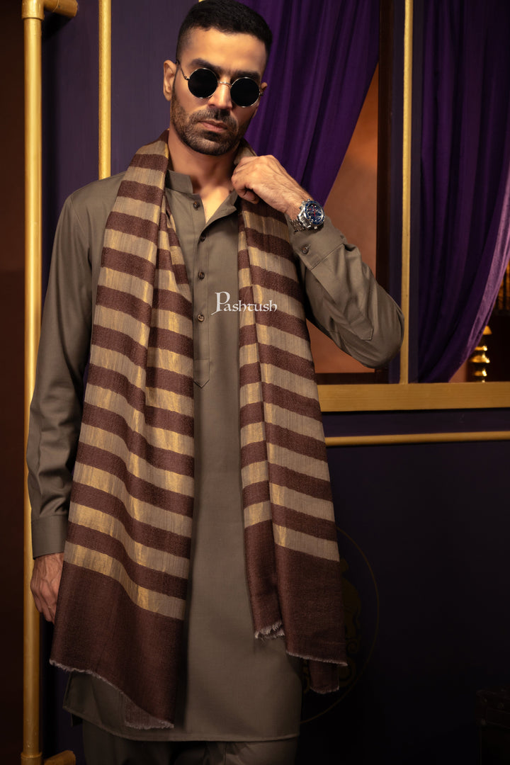 Pashtush India Mens Scarves Stoles and Mufflers Pashtush Mens Extra Fine Wool  Stole, Twilght Collection Stripe Design, Dark Brown