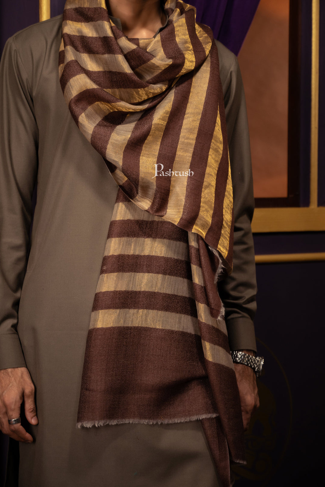 Pashtush India Mens Scarves Stoles and Mufflers Pashtush Mens Extra Fine Wool  Stole, Twilght Collection Stripe Design, Dark Brown