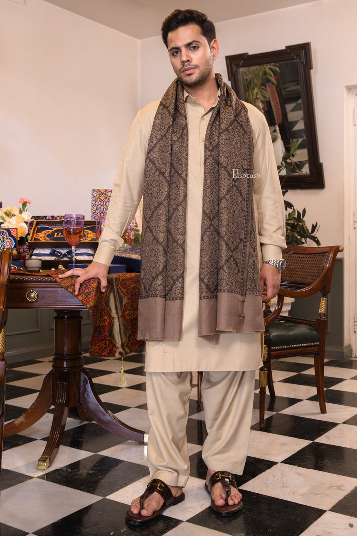 Pashtush India Mens Scarves Stoles and Mufflers Pashtush Mens Extra Fine Wool Stole, Twilight Collection Check Design, Taupe