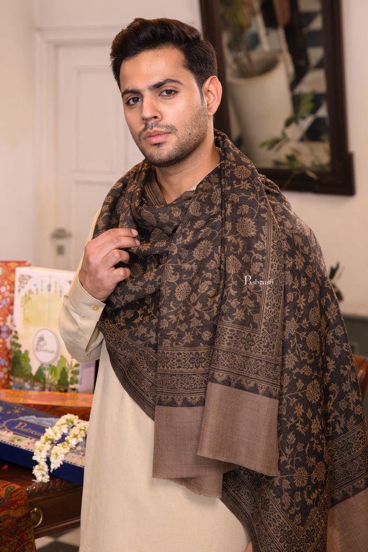 Pashtush India Mens Scarves Stoles and Mufflers Pashtush Mens Extra Fine Wool Stole, Twilight Collection Check Design, Taupe