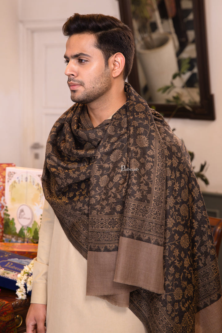 Pashtush India Mens Scarves Stoles and Mufflers Pashtush Mens Extra Fine Wool Stole, Twilight Collection Check Design, Taupe