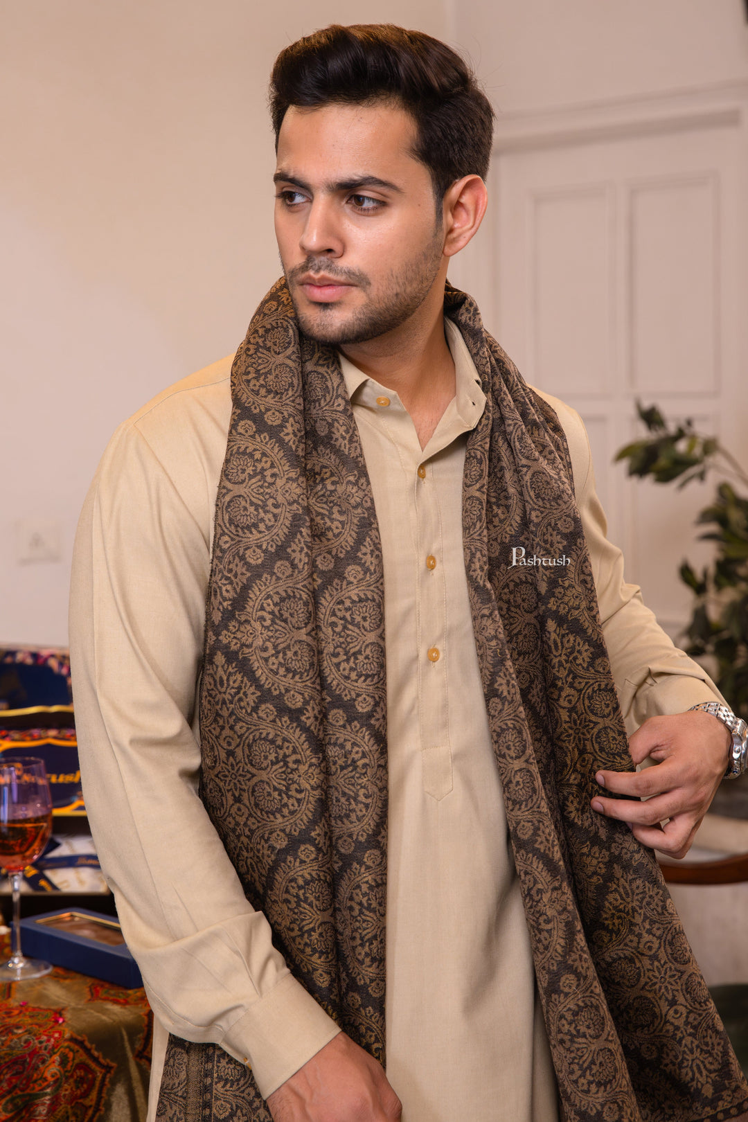 Pashtush India Mens Scarves Stoles and Mufflers Pashtush Mens Extra Fine Wool Stole, Twilight Collection Check Design, Taupe