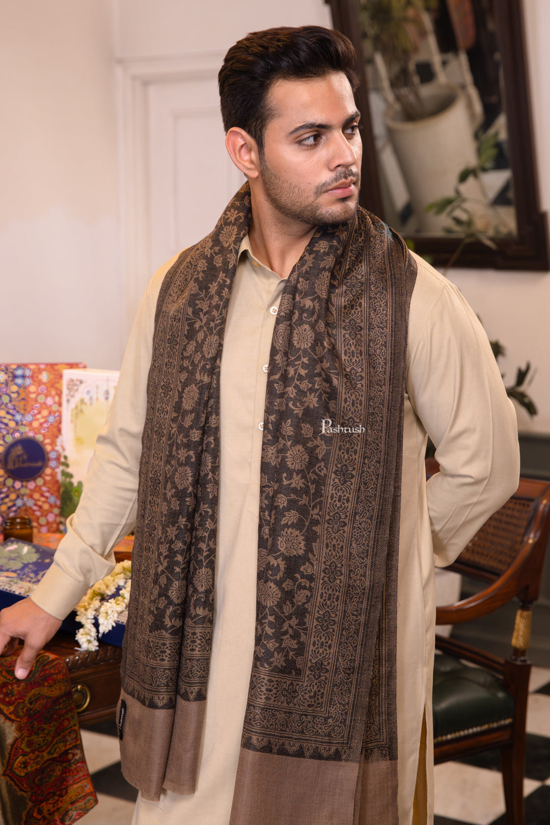 Pashtush India Mens Scarves Stoles and Mufflers Pashtush Mens Extra Fine Wool Stole, Twilight Collection Check Design, Taupe
